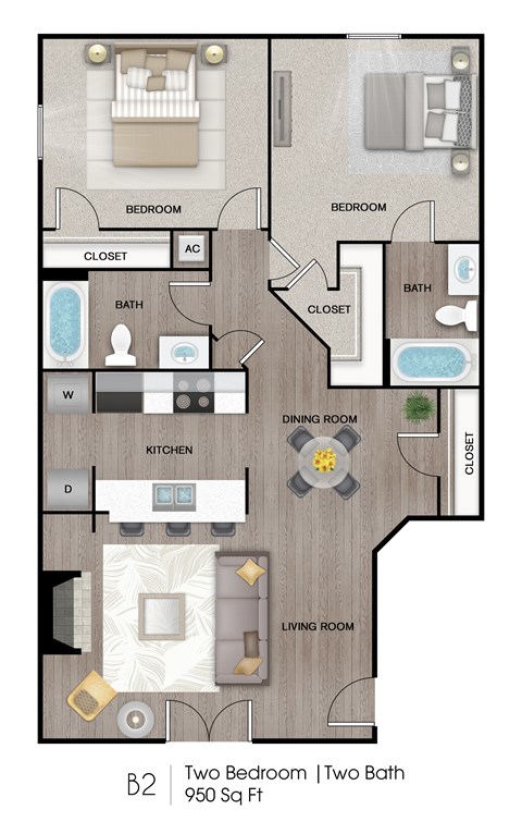 Floor plan for 2 beds, 2 baths, 950 sqft